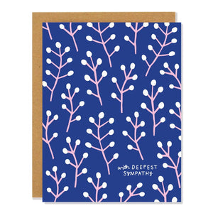 Blue card with pink and white willow plants. White text reads "with deepest sympathy." Inside of card is white.