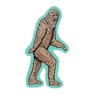 Bigfoot shaped sticker. Turqouise background and brown furry bigfoot illustration