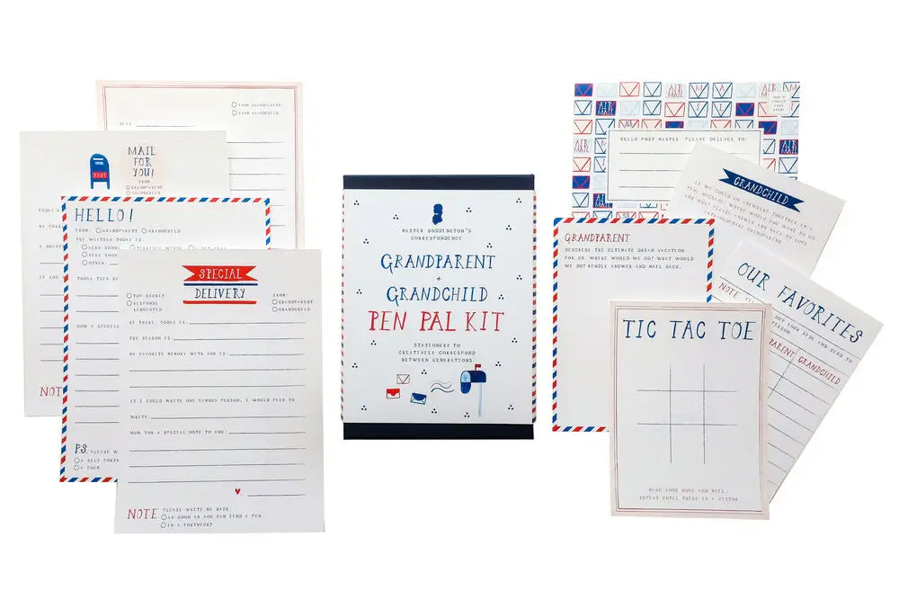 Examples of stationery set. White paper with red and blue text. 