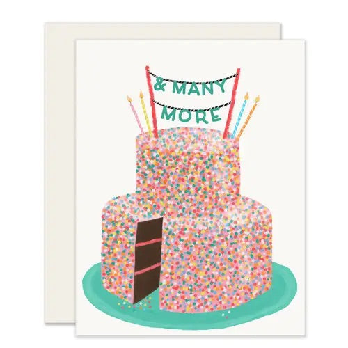 White card with colorful sprinkled birthday cake. Birthday cake topper says "and many more" in turquoise text