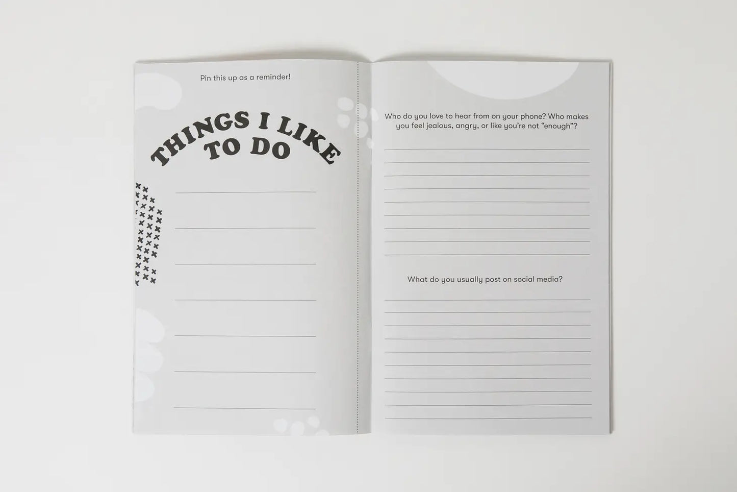 Inside view of workbook. White paper with black text reading "things I like to do" 