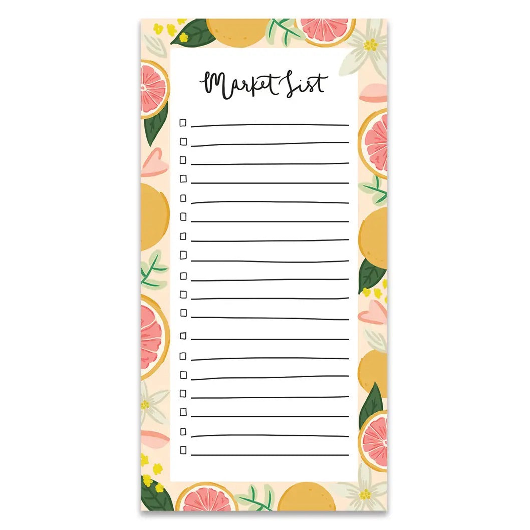 White notepad with border of pink grapefruit and yellow fruits. Black text at header reads "market list." Black lines. 
