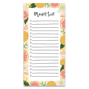 White notepad with border of pink grapefruit and yellow fruits. Black text at header reads "market list." Black lines. 
