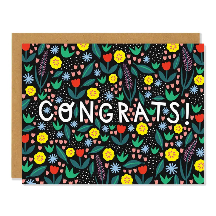 Black background with yellow, green, red, blue, and pink flowers and leaves. White text reads "Congrats!" Inside of card is white.