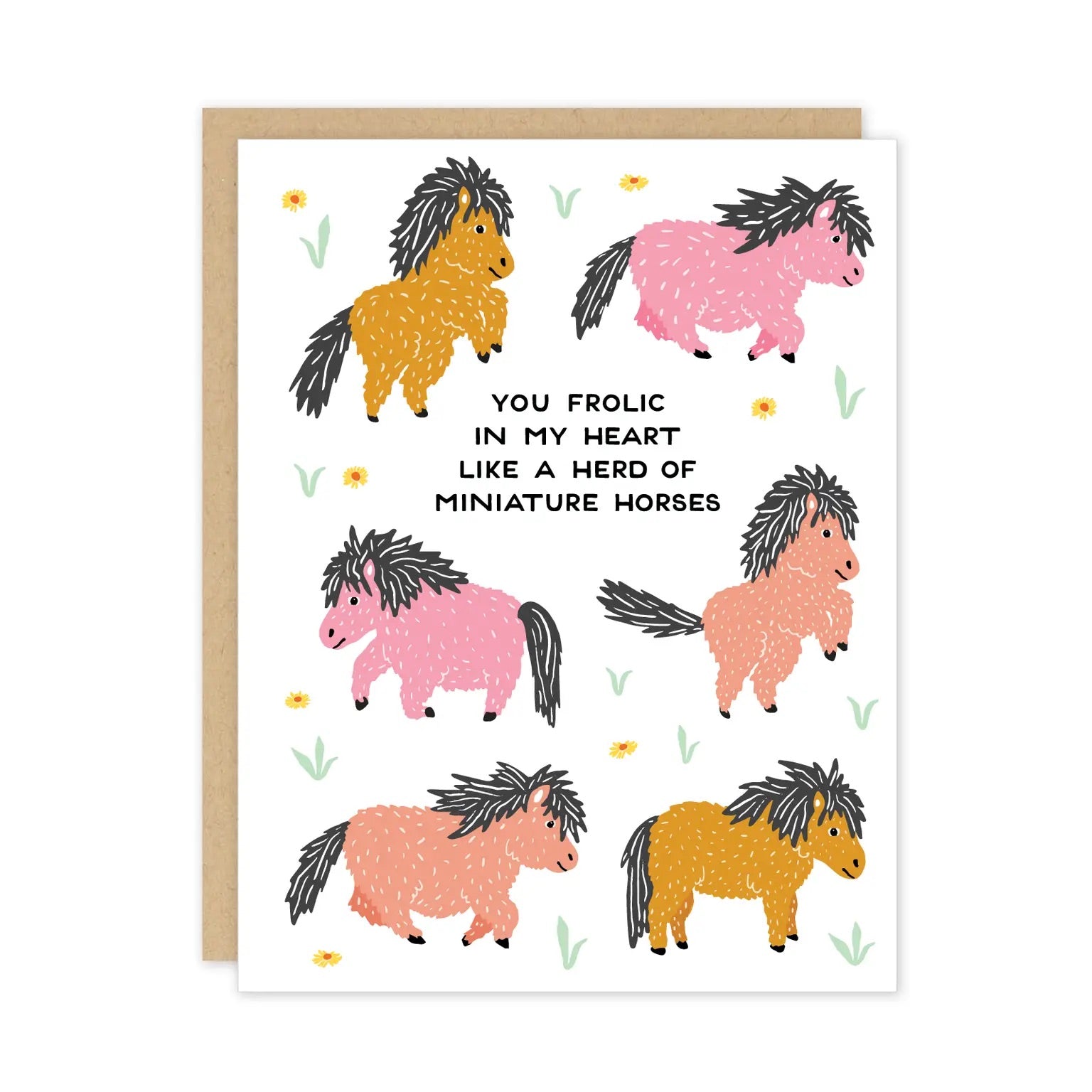 White card featuring tiny horse illustrations. Black text reads "you frolic in my heart like a herd of miniature horses"