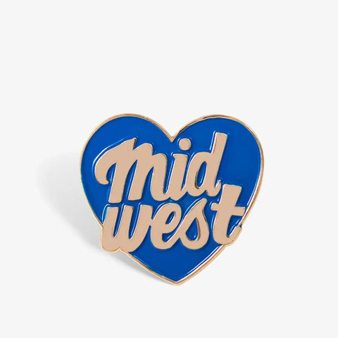 Blue heart pin with gold text reading midwest
