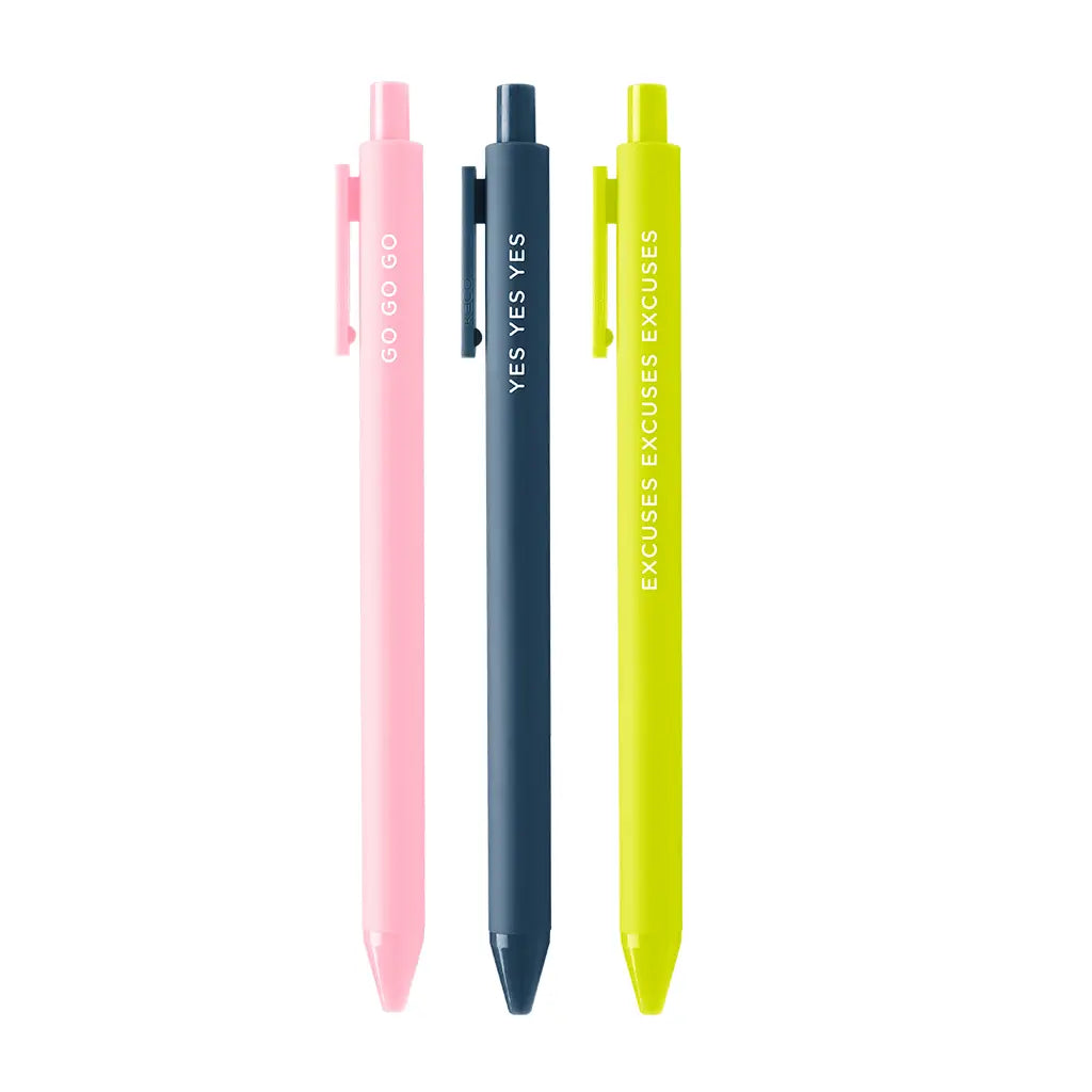 Three pens in the following colors: pink, navy, and lime green