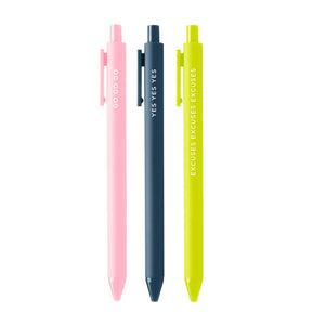 Three pens in the following colors: pink, navy, and lime green