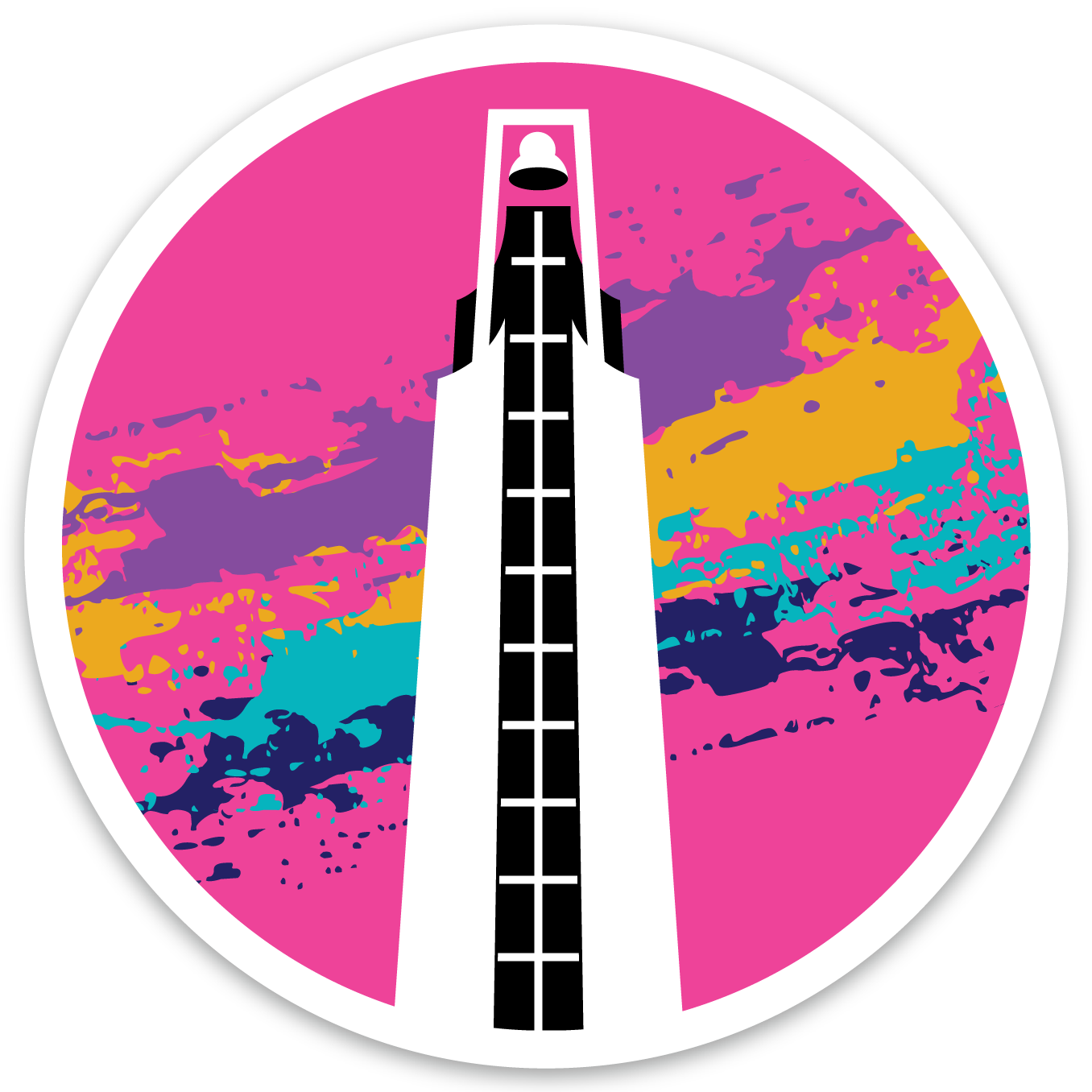 Circle-shaped magnet. Pink background with a black and white drawing of a bell tower. Turqouise, navy, mustard, and purple splotches behind the bell tower.