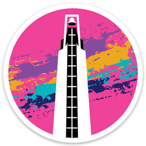 Circle-shaped magnet. Pink background with a black and white drawing of a bell tower. Turqouise, navy, mustard, and purple splotches behind the bell tower.