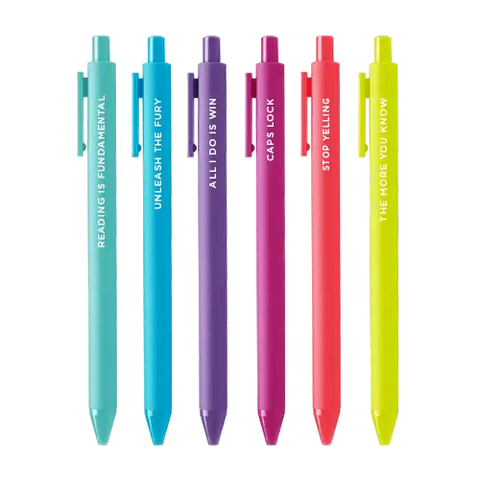 Six pens in the following colors: turqouise, blue, purple, magenta, coral, and lime green