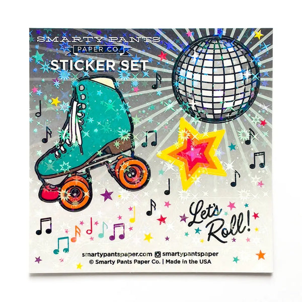 Five stickers: roller skate, music notes, disco ball, star, and "let's roll" text