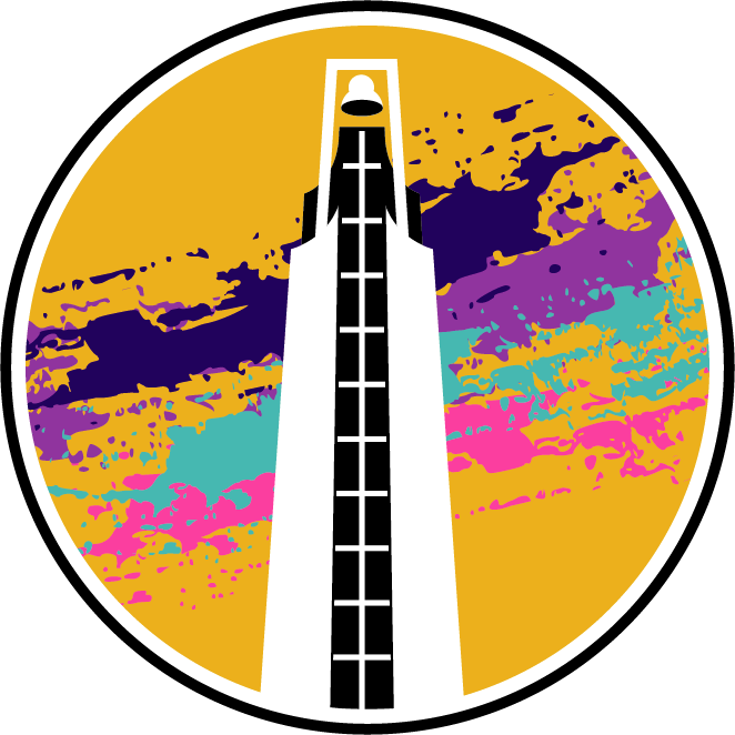 Mustard yellow circle coaster with a black and white drawing of a bell tower. Pink, navy, turqouise, and purple splotches behind the bell tower. 