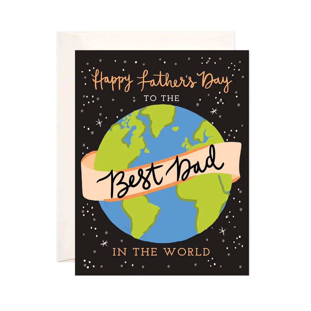 White card with a black background and illustration of a globe. Orange and white text reads "happy father's day to the best dad in the world"