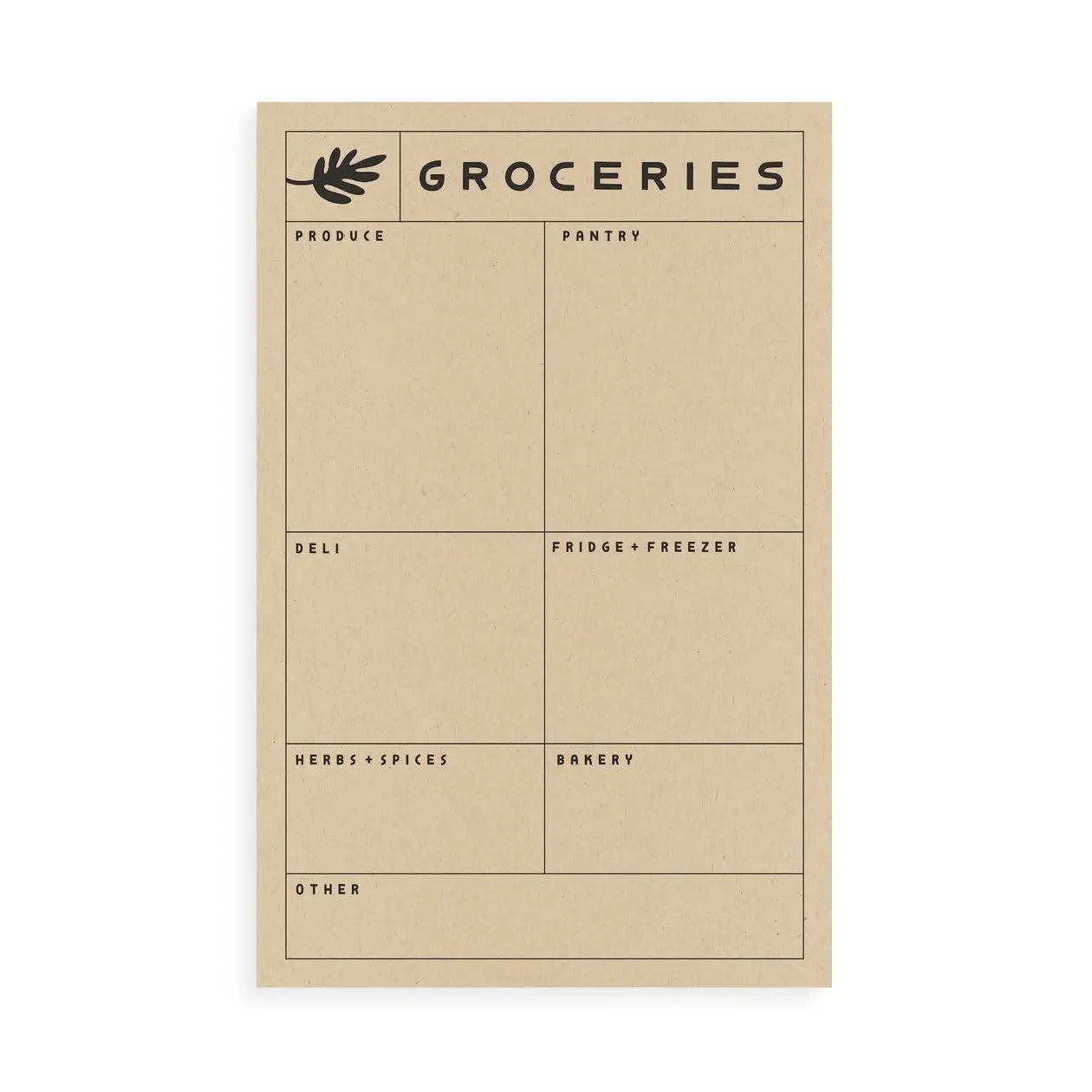 Brown kraft paper. Black ink heading reads "groceries." Black ink categories: produce, pantry, deli, fridge, herbs, bakery, and other