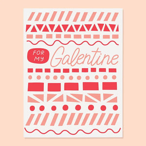 White card with red and pink shapes. Text reads "for my galentine" 