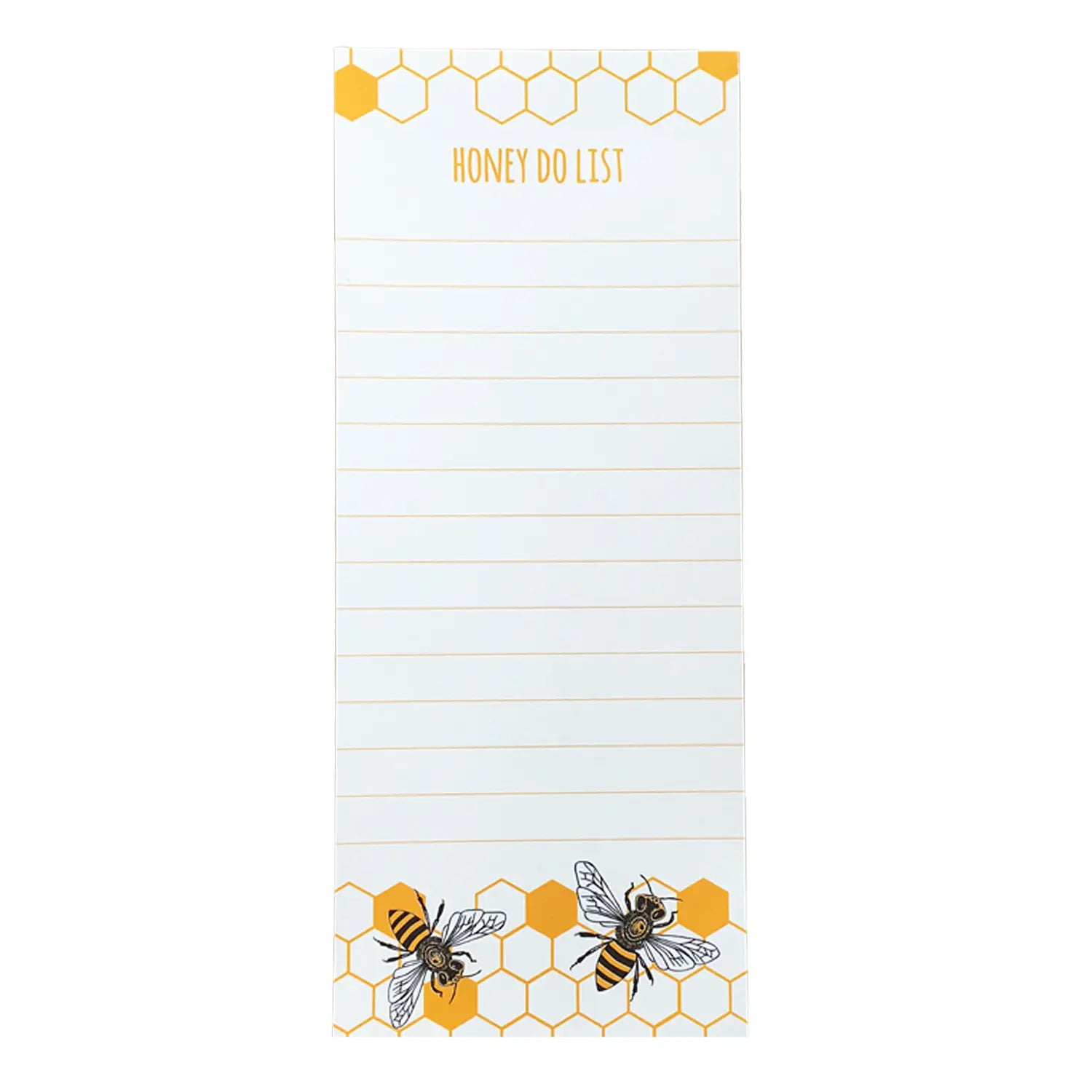 White notepad with yellow lined paper. Yellow text reads "honey do list." Yellow and black honeycombs and bee illustrations at the top and bottom of the notepad. 