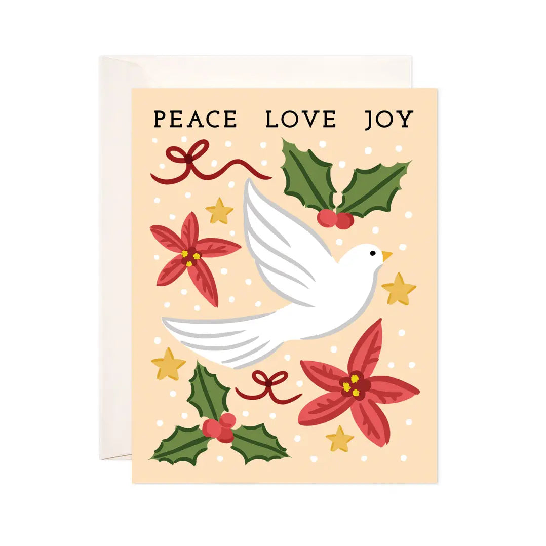White card with an orange background. Illustration of a white dove with red and green holly and poinsettias. Black text reads "peace love joy"