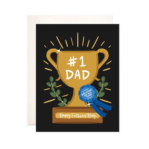 White text with a black background and illustration of a gold trophy and blue ribbon. White text on the trophy reads "#1 dad and happy father's day." White text on the blue ribbon reads "greatest of all time"