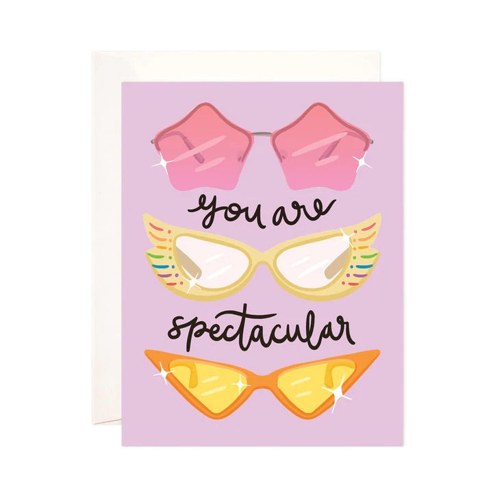 Lavender card with three pairs of sunglasses. Black text reads "you are spectacular"