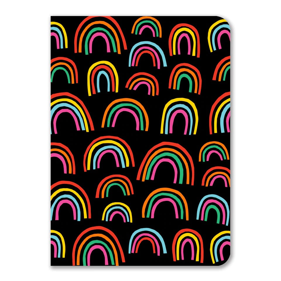 Black notebook with rainbows illustrations. 