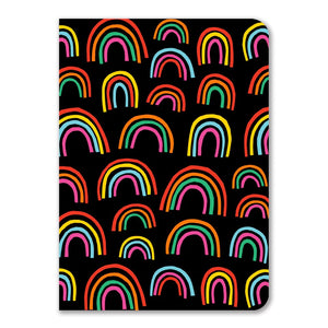 Black notebook with rainbows illustrations. 