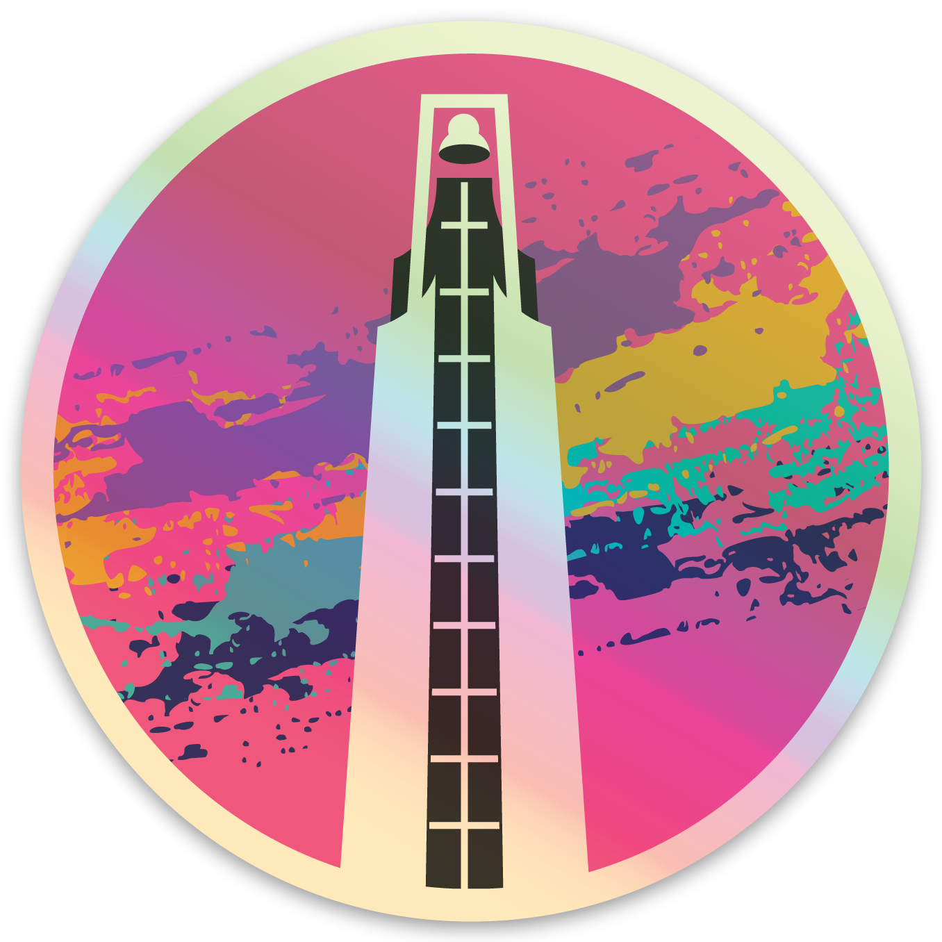Holographic circle-shaped sticker. Pink background with a black and white drawing of a bell tower. Turqouise, navy, mustard, and purple splotches behind the bell tower. 