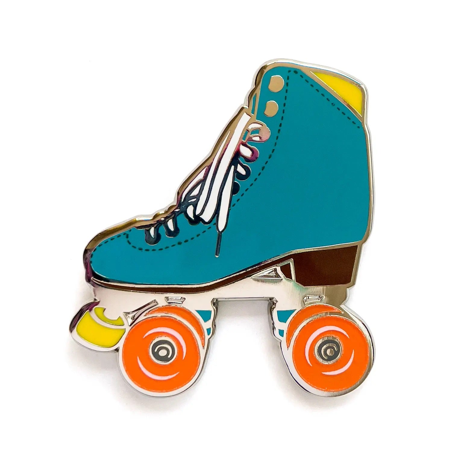 Teal roller skate pin with orange glow-in-the-dark wheels