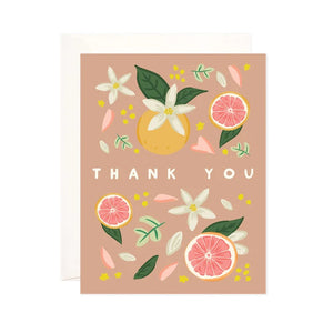 Rose gold card with citrus fruits. White text reads "thank you"