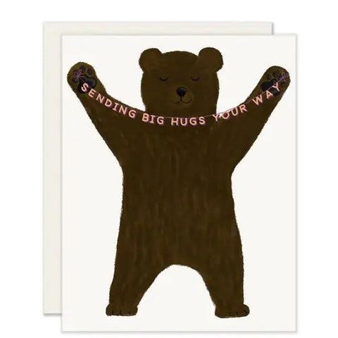 White card with brown bear holding banner that reads "sending big hugs your way" in pink text