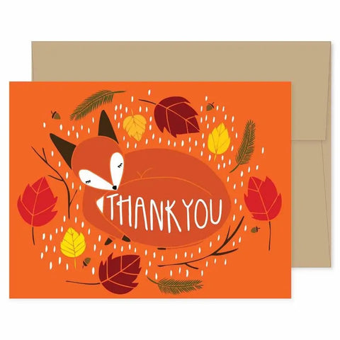 Orange card with autumn leaves and a fox. White text reads "thank you"