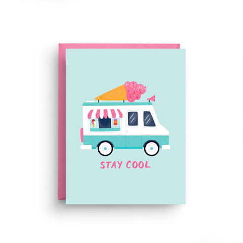 White card with blue background and illustration of an ice cream truck. Pink text reads "stay cool" 