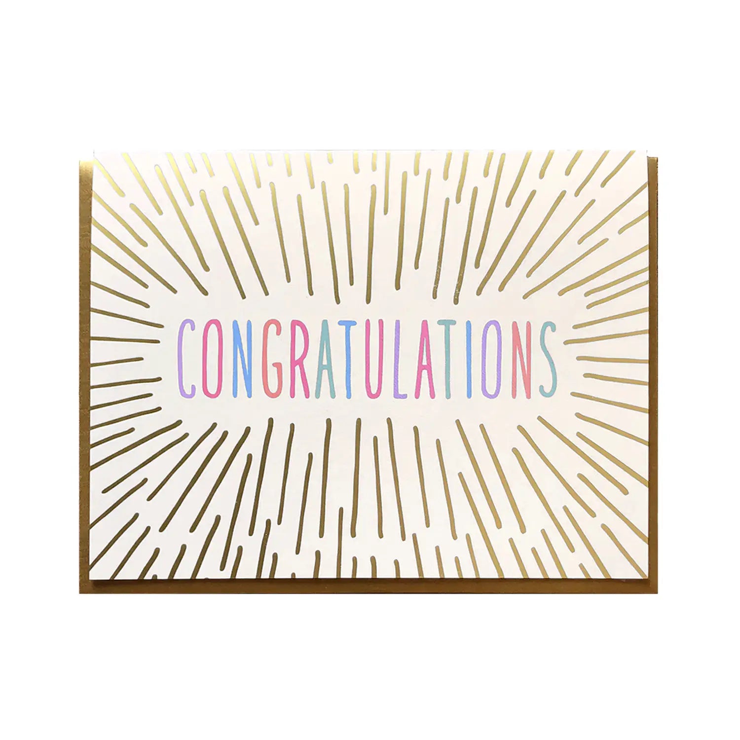 White card with gold beams around colorful rainbow text reading "congratulations" 