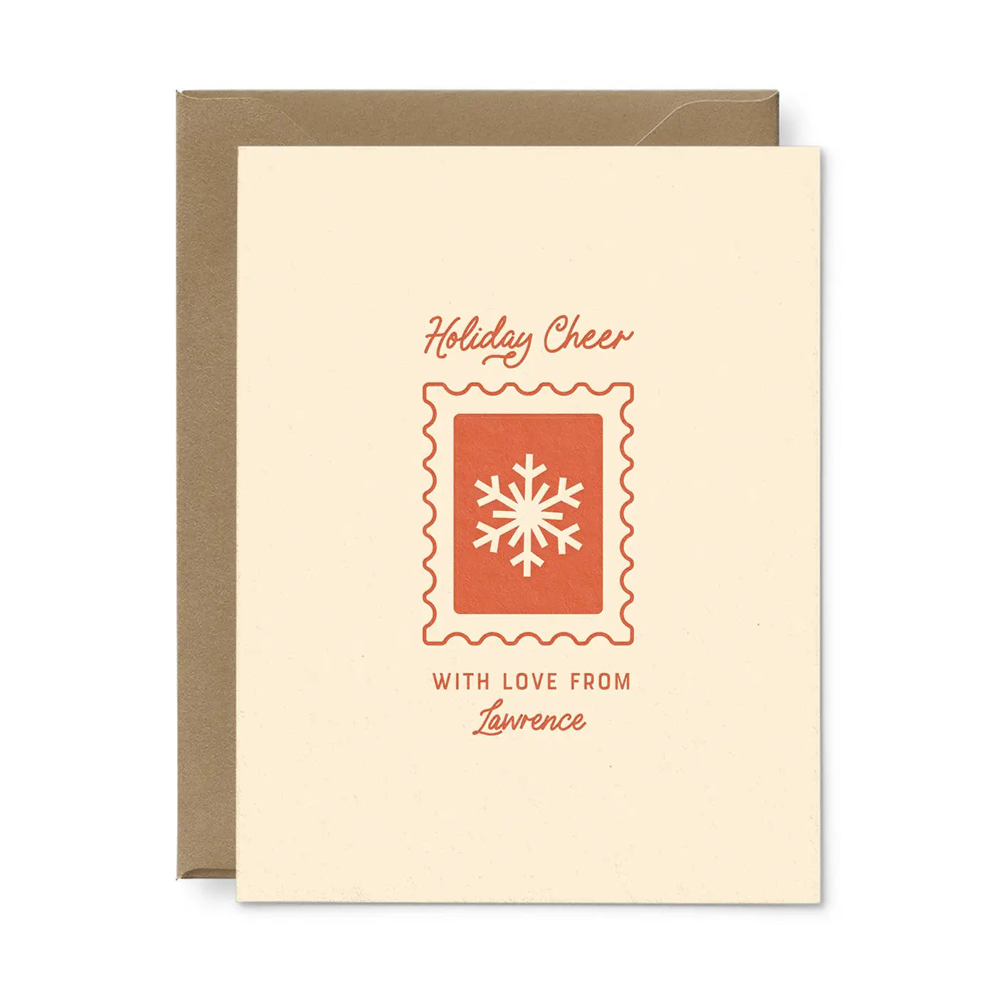 Cream card with red text reading "holiday cheer with love from Iowa." A red postage stamp is in the middle of the card. 