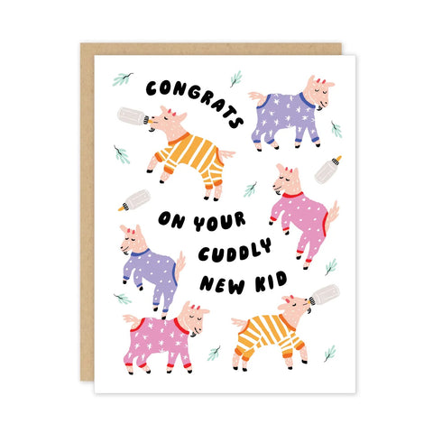 White card featuring six goat illustrations. Black text reads "congrats on your cuddly new kid."