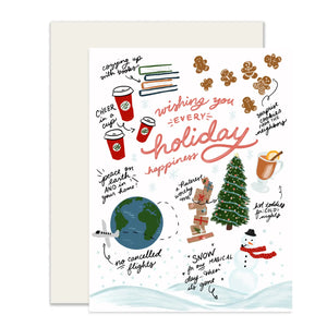 White card with pink text reading "wishing you every holiday happiness." Illustrations of coffee cups, a globe, tree, cookies, snowman, and books.