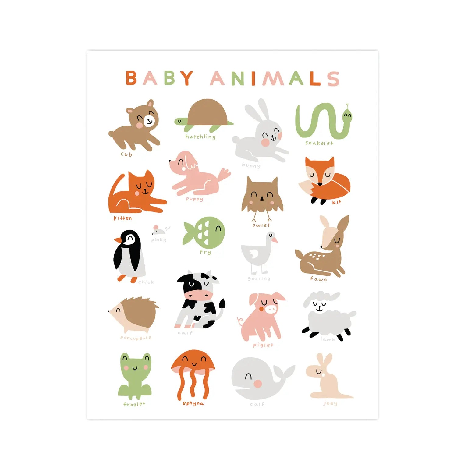 White print of 20 different baby animals in Pink, gray, green, orange, black, and tan. 