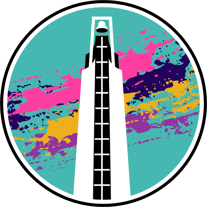Turqouise circle coaster with a black and white drawing of a bell tower. Pink, navy, mustard, and purple splotches behind the bell tower. 