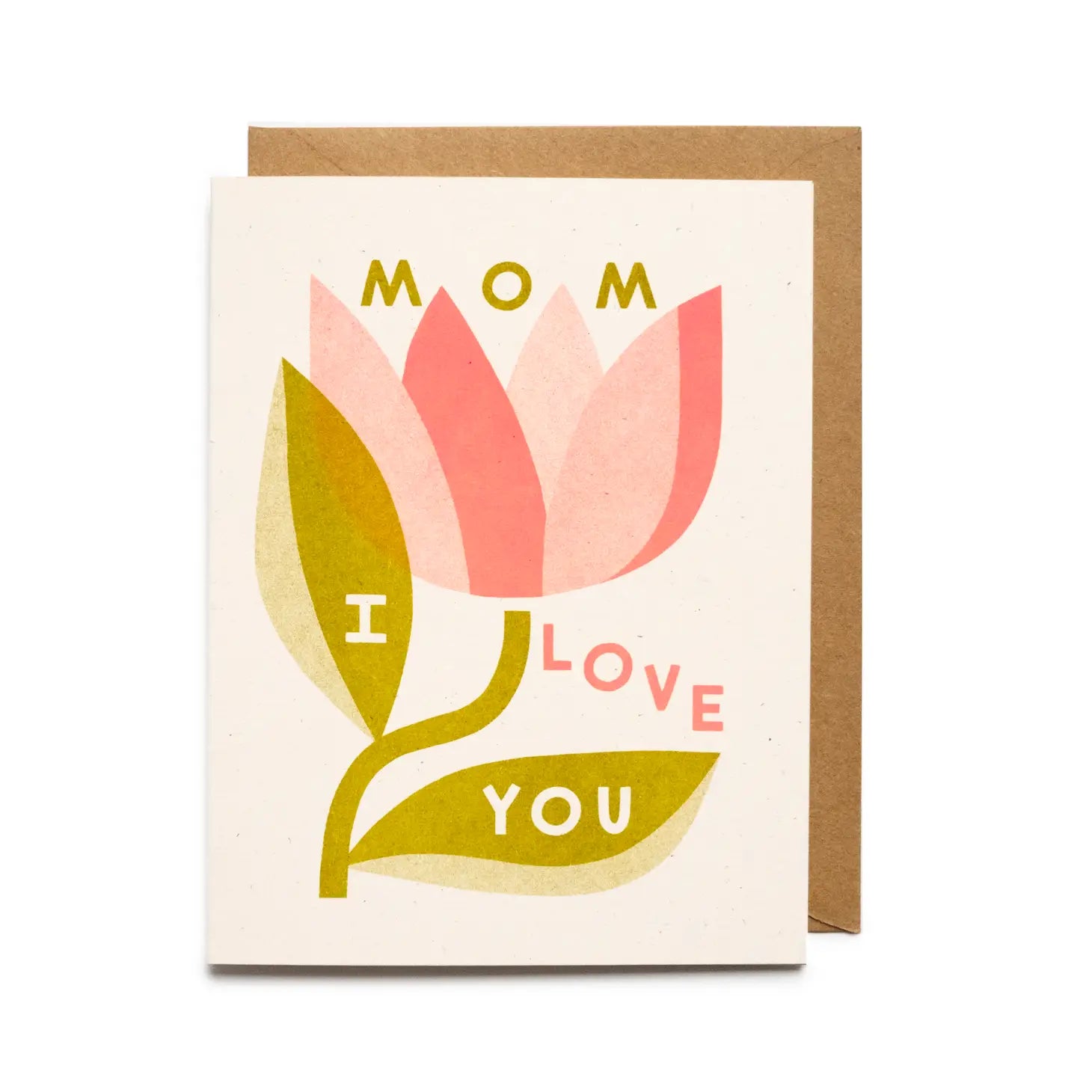 Cream white card. Green, pink, and white text reads "mom I love you." Pink and green flower drawing.
