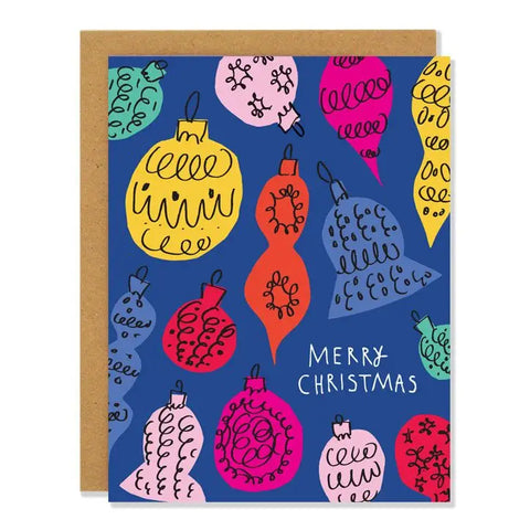 Blue card with yellow, orange, pink, and light blue baubles. White text reads "Merry Christmas." Inside of card is white.