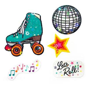 Five stickers: roller skate, music notes, disco ball, star, and "let's roll" text