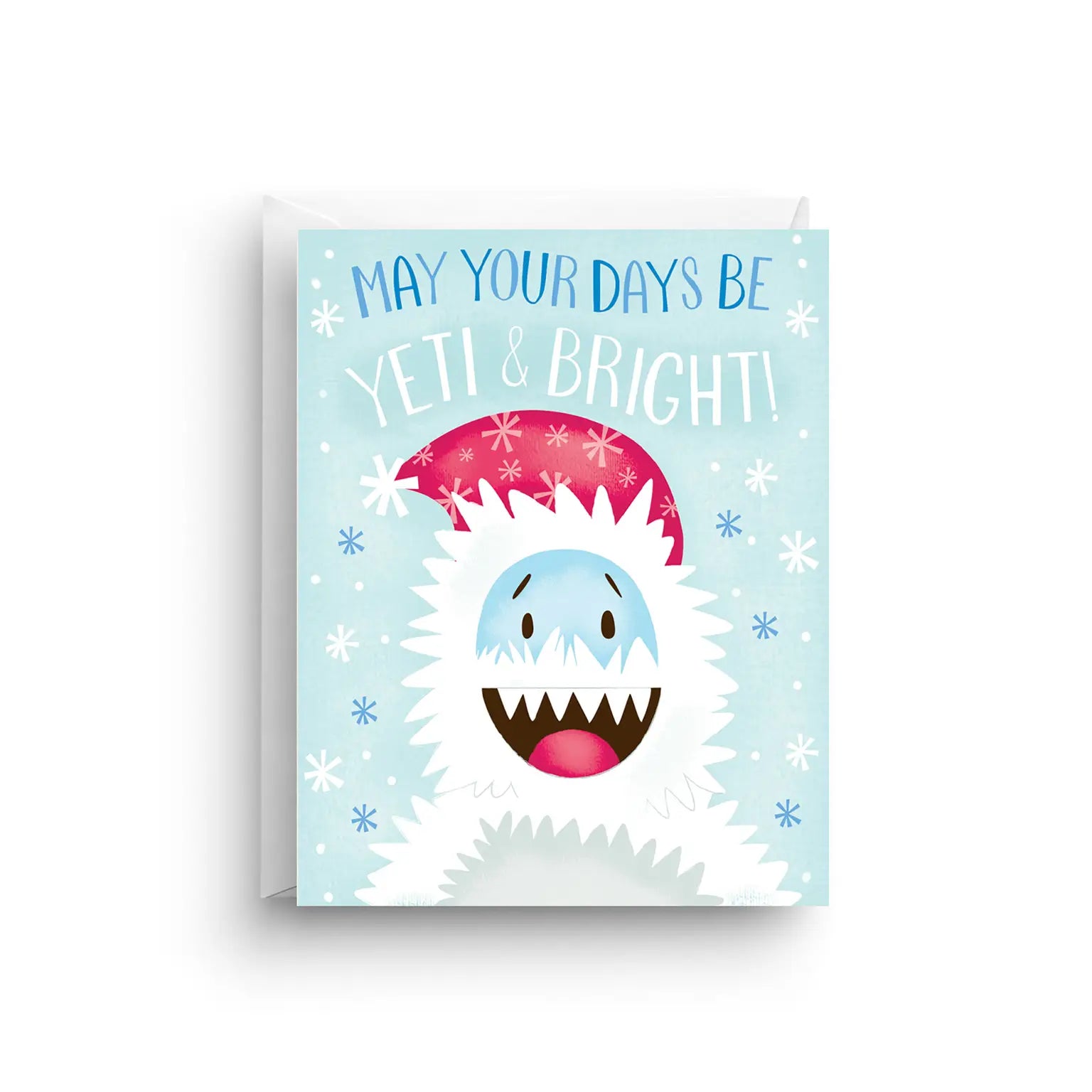 White card with light blue background and illustration of a white yeti wearing a red hat. Blue text reads "may your days be" and white text reads "yeti and bright" 