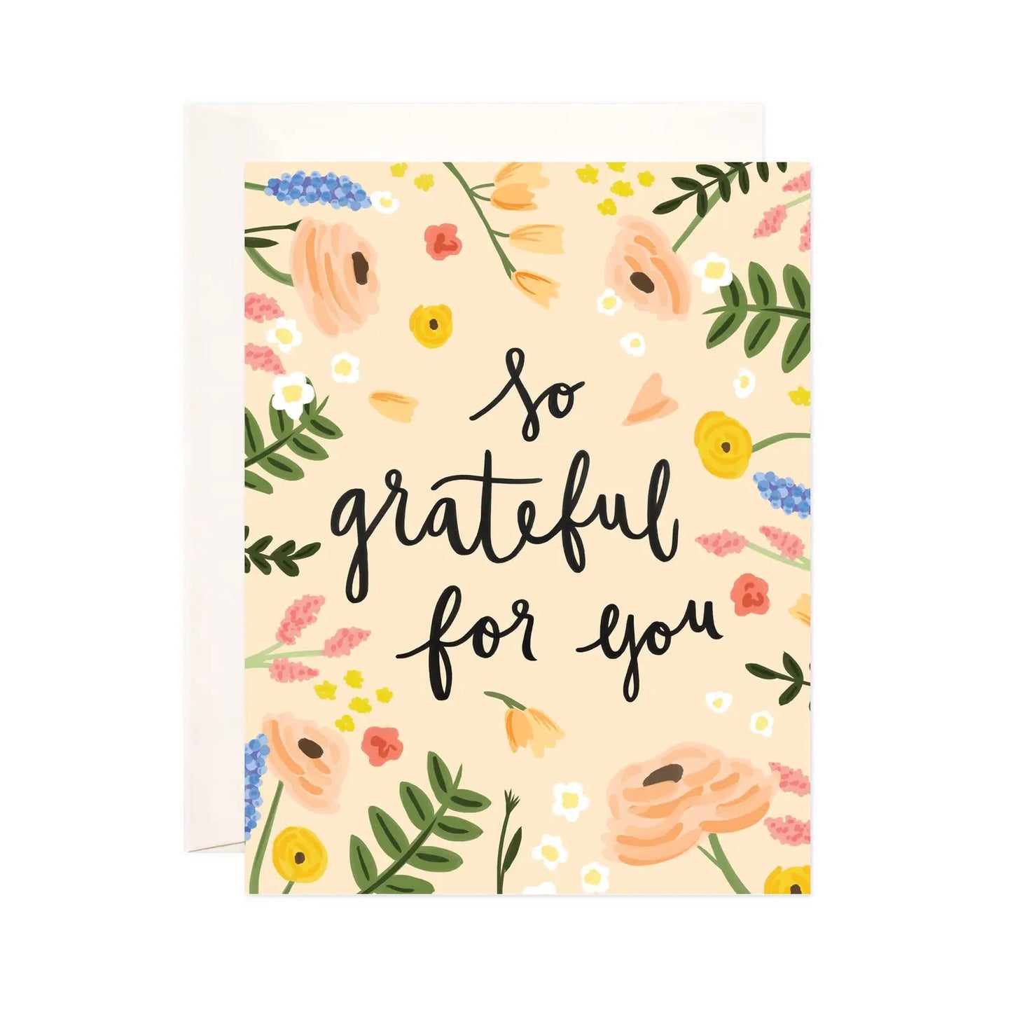 Rose gold card with pink, blue, green, and yellow flowers. Black text reads "so grateful for you"