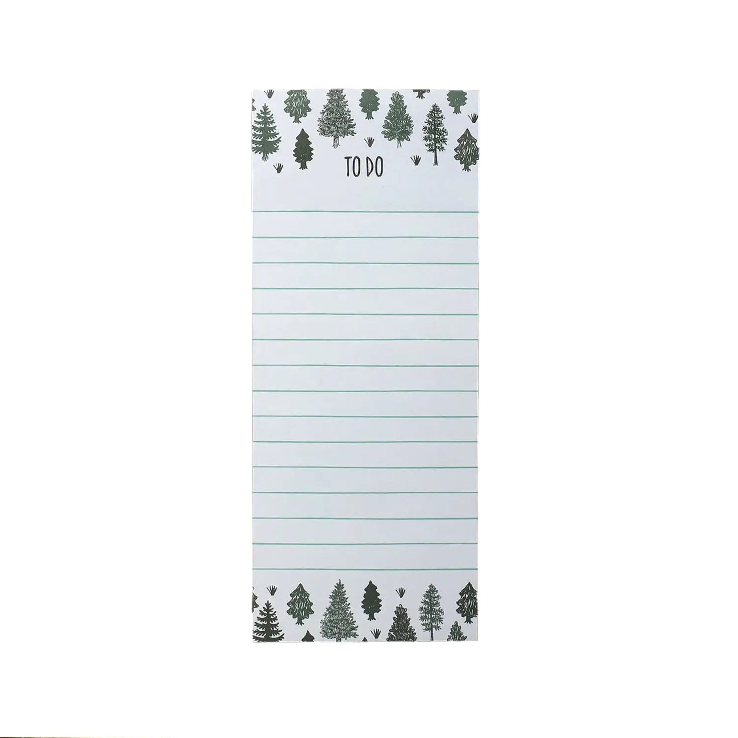 White notepad with green lined paper. Dark green text reads "to do." Dark green evergreen trees at the top and bottom of the notepad. 