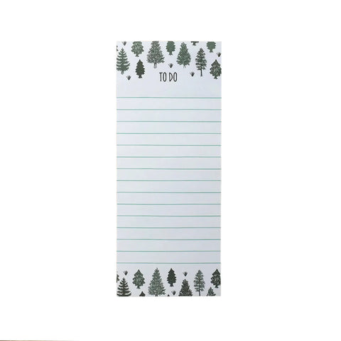 White notepad with green lined paper. Dark green text reads "to do." Dark green evergreen trees at the top and bottom of the notepad. 