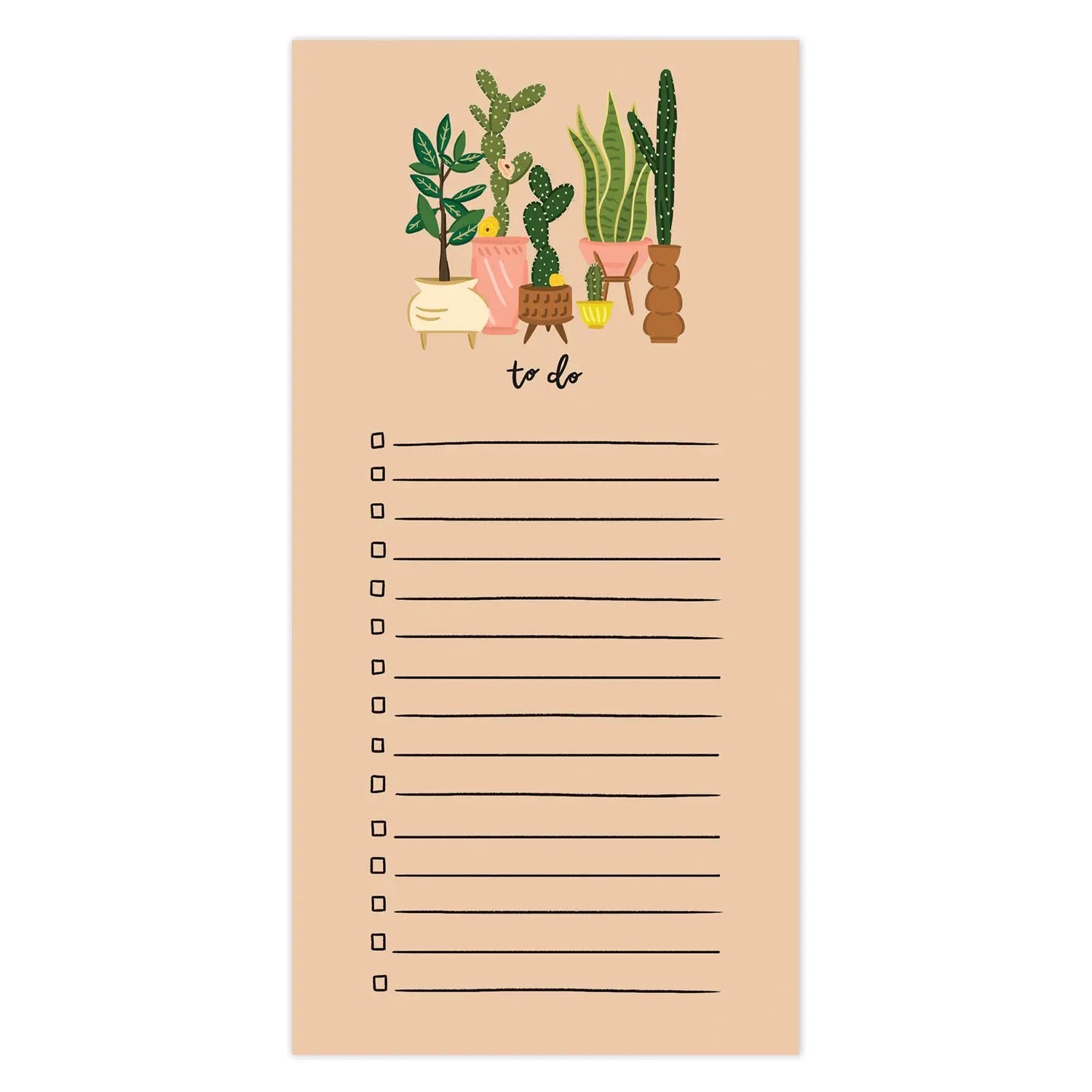 Notepad with a light brown background and illustrations of tall green plants. Black lines and black text header reading "to do" 