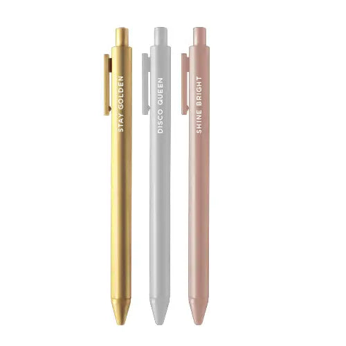 Three pens in the following colors: gold, grey, and light brown