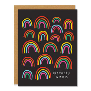 Black card with rainbows. White text reads "birthday wishes." Inside of card is white.