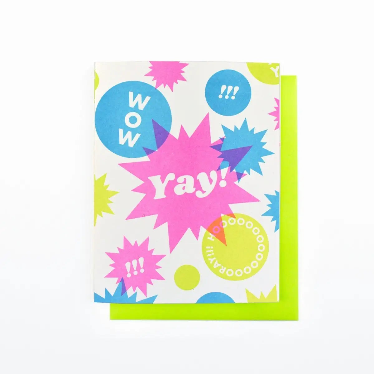 White card with blue, pink, and lime green circles and stars. White text reads "wow," "yay," !!!," "and "hooray!" 