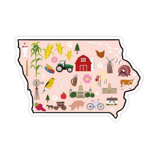 Pink sticker in the shape of Iowa. Illustrations on the sticker of corn, tractors, barns, livestock, bicycles, wind turbines, and buildings in Iowa. 